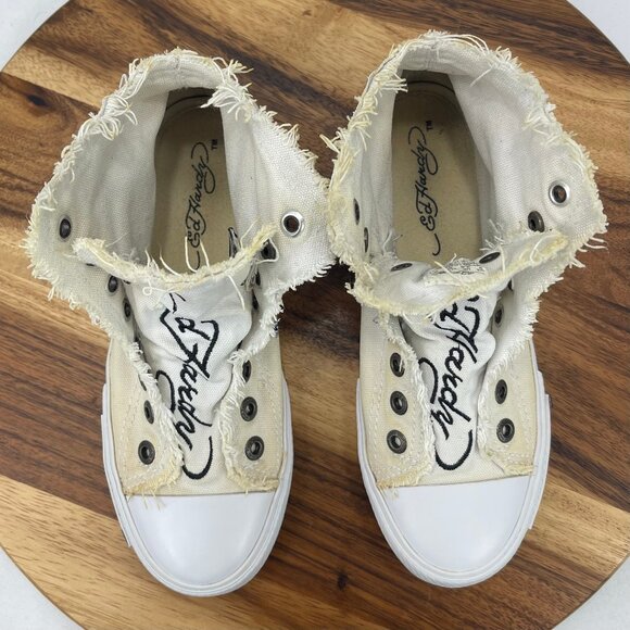 VTG Ed Hardy Canvas Laceless Skull Tiger Print Womens 5 High Top Slip On Shoes - Picture 12 of 13